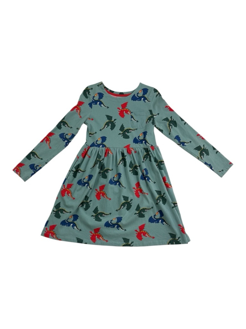 Mini Boden Light Teal Dragon-Print Long Sleeve Dress